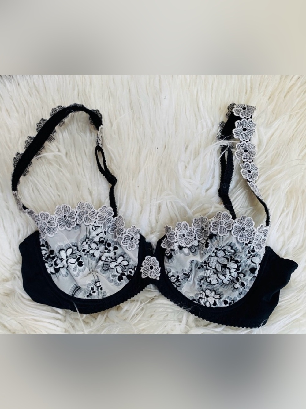 Aubade Paris Underwire Cup Bra Floral Lace Black White Size 32C